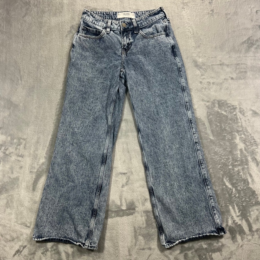 Low Rise Baggy Jeans Womens 00S 24x27 Short Blue Acid Wash Hollister Y2K Skater